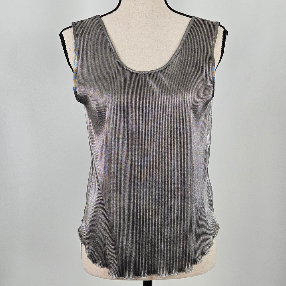 Vintage Heather Nicole Silver Pleated Metallic Tank Top Women M Scoop Shell NEW